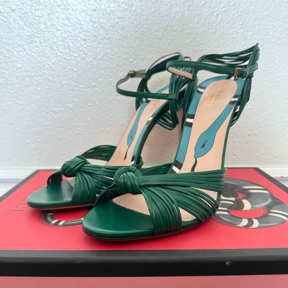 Gucci Malaga Kid Leather Emerald Green Knotted Sandals Heels EU 41